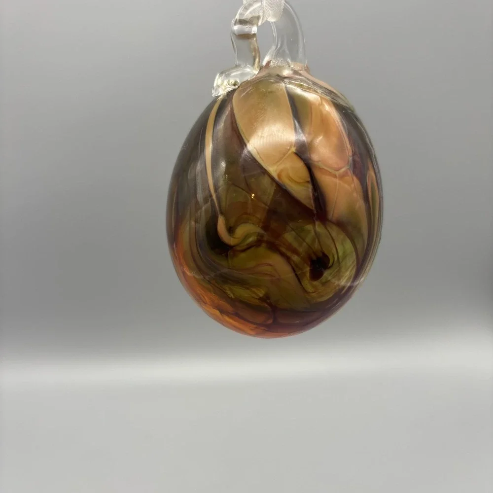 Ornament Hand Blown Art Glass Oval Brown & Amber Swirl‎ Imperfections